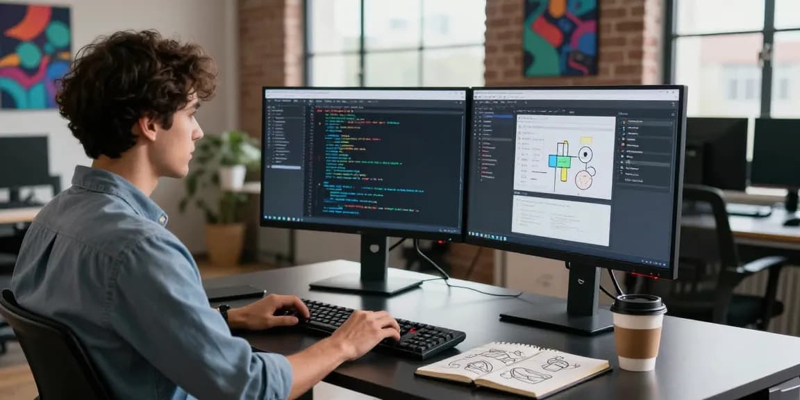 Build internal tools with AI in a modern tech workspace featuring dual monitors, coding interface, and a developer engaged in tool creation.