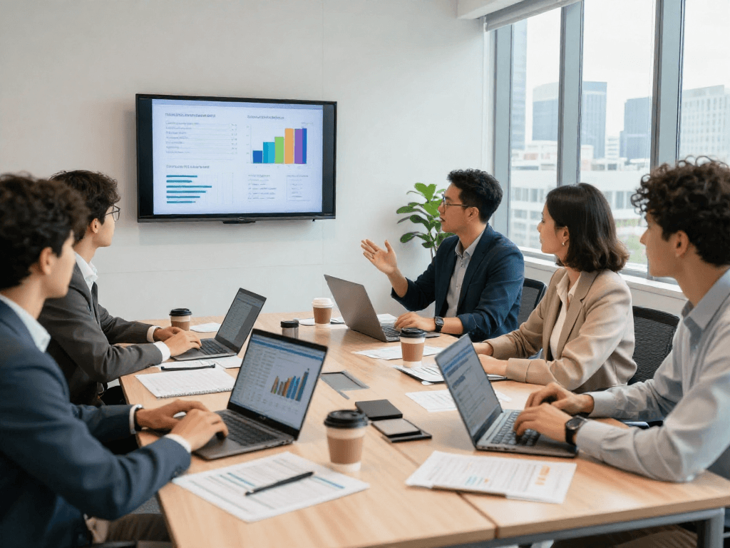 Professionals bespreken zakelijke lening opties in een moderne kantooromgeving met laptops en analyses.