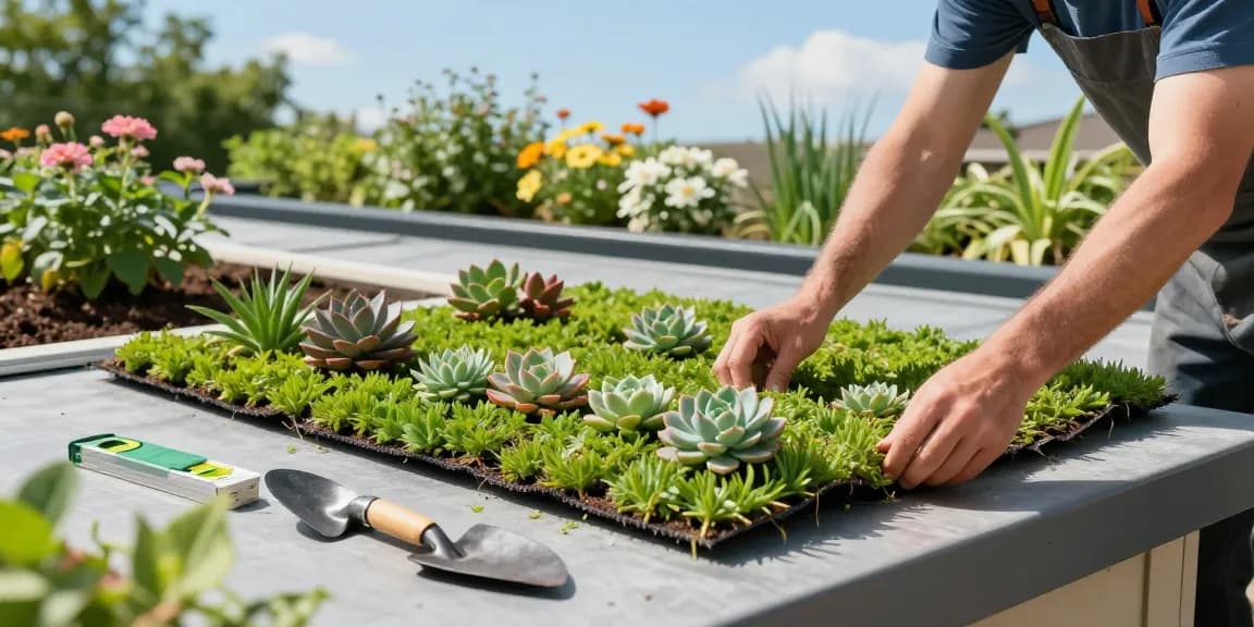 Lichtgewicht groendak installatie met levendige sedum planten op een zonnige dag