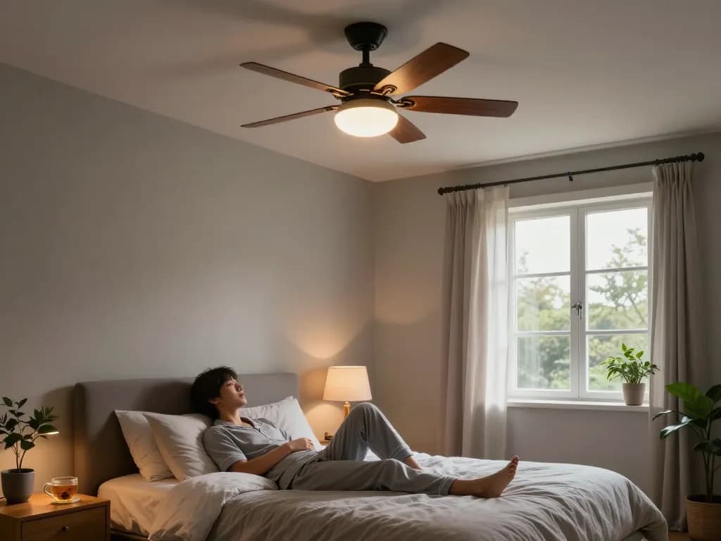 Gezellige slaapkamer met een ventilatorbed, dat rustige slaap bevordert met een stijlvolle plafondventilator en kalmerende decoratie.