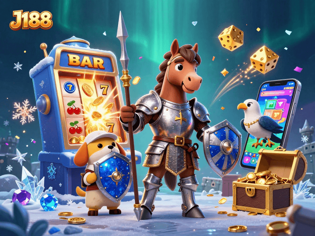 Win big with J188's vibrant casino adventure illustration showcasing exciting games.