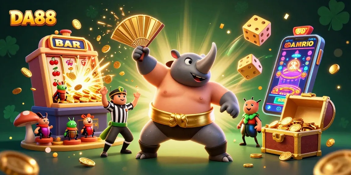 DA88 slot games animated scene with rhinoceros beetle champion stomping coins and jackpot symbols.