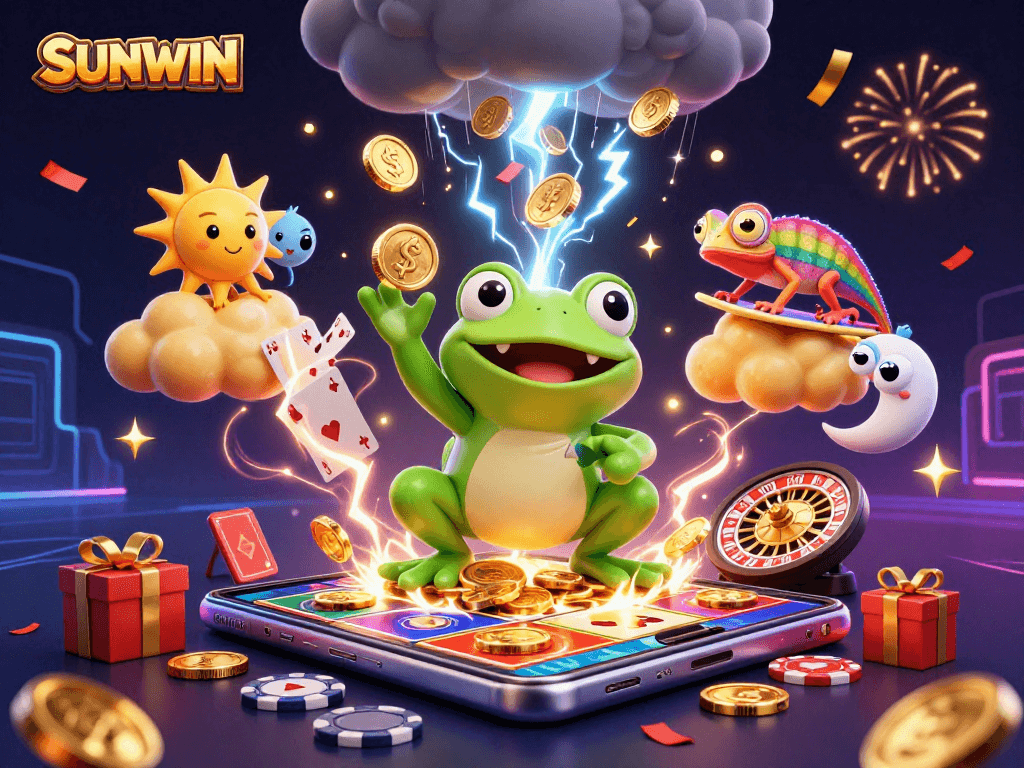 SUNWIN unleashes a whirlwind of excitement with vibrant characters and casino games in a dynamic 3D illustration.