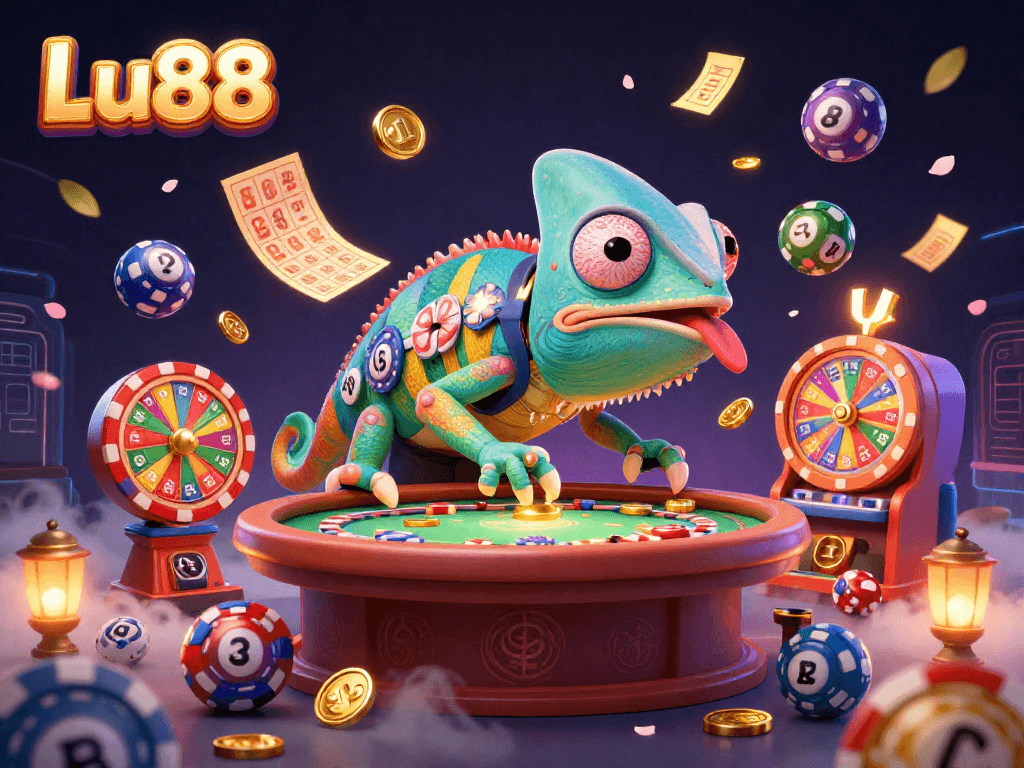 Experience Lu88 with vibrant casino elements, as a colorful chameleon owner captures golden coins amidst lottery excitement.