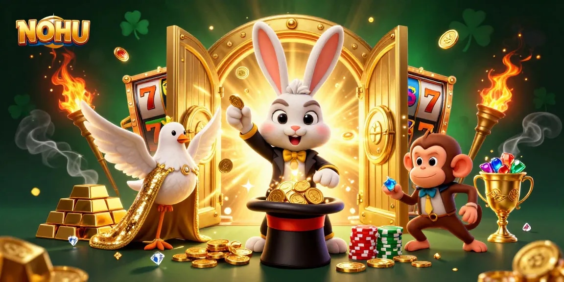 Engaging NOHU illustration showcasing a magician rabbit, dove, and monkey among golden treasures and slot reels.