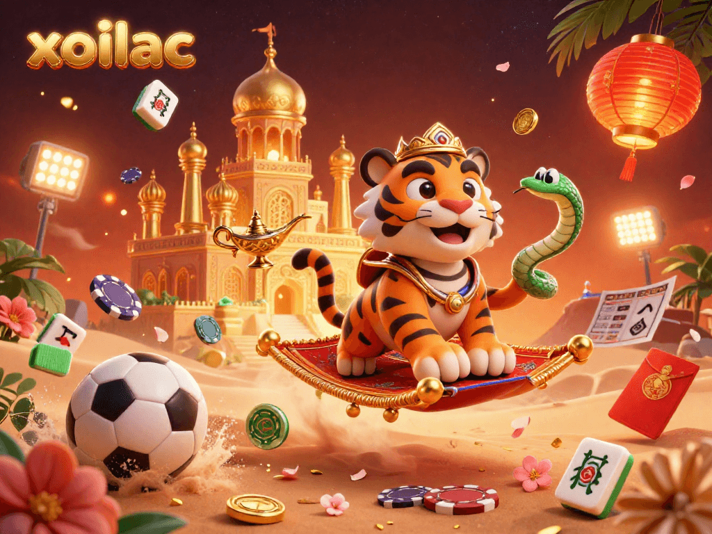Xoilac sports betting scene with a vibrant tiger sultan, genie companion, and engaging elements.