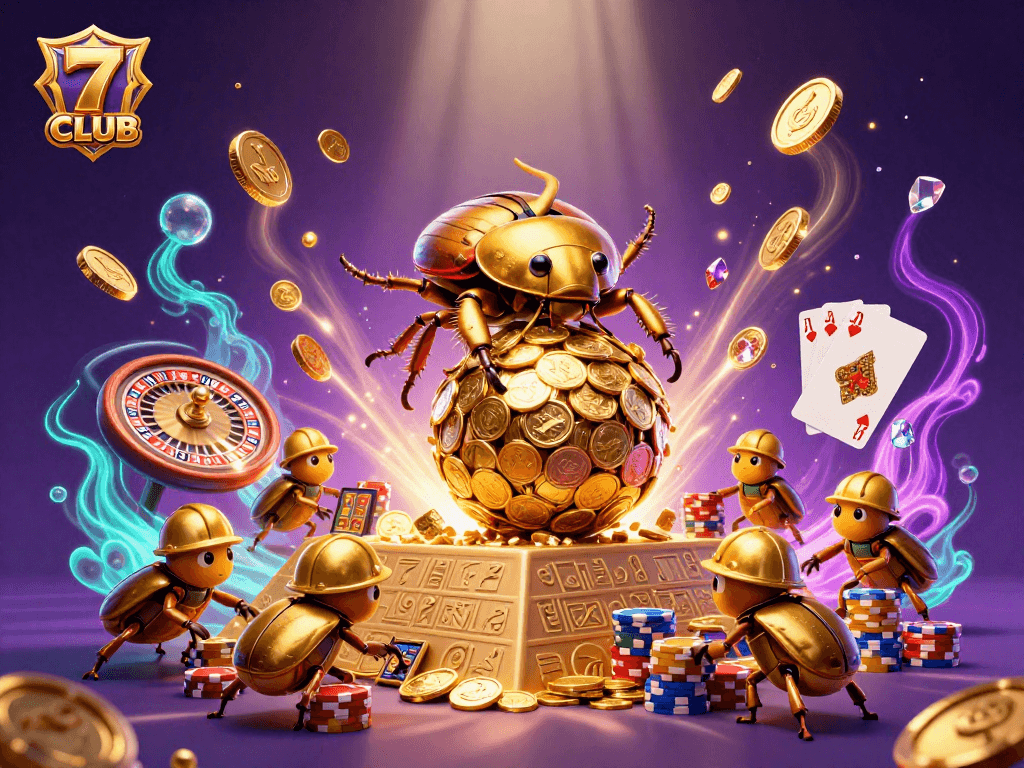 Engage with 7CLUB, where golden coins cascade as a huge beetle rolls jackpot riches amidst dazzling casino symbols.
