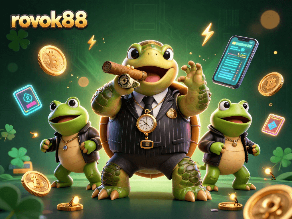 Experience the thrilling world of rokok88 with a dynamic casino scene featuring unique characters and cryptocurrencies.