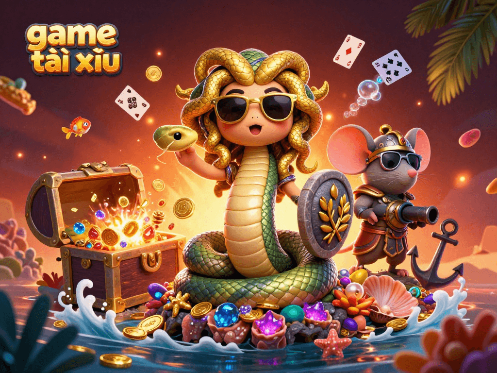 Experience the vibrant thrill of game tài xỉu with dynamic characters, colorful treasures, and animated elements.