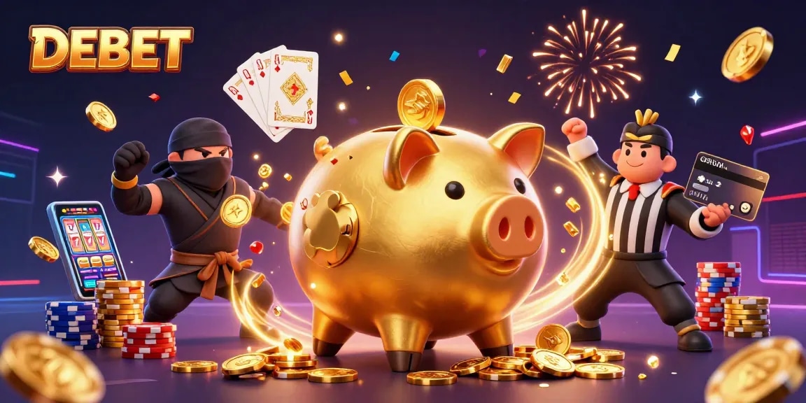 Experience thrilling DEBET gaming with a dynamic piggy bank sumo wrestler in an action-packed scene.