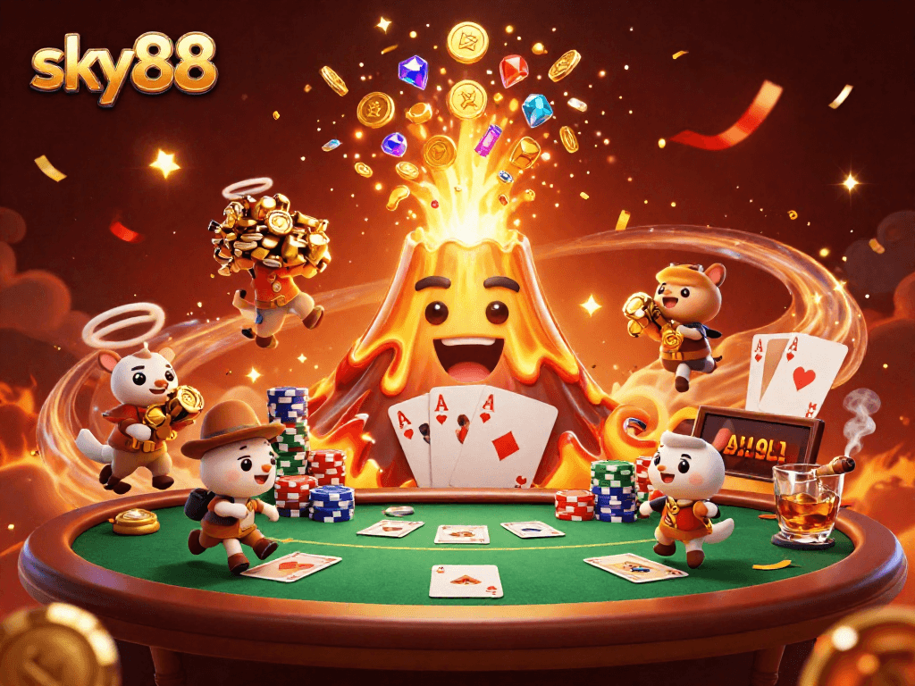 Experience thrilling wins at sky88 with a vibrant volcano erupting treasures amid poker excitement.