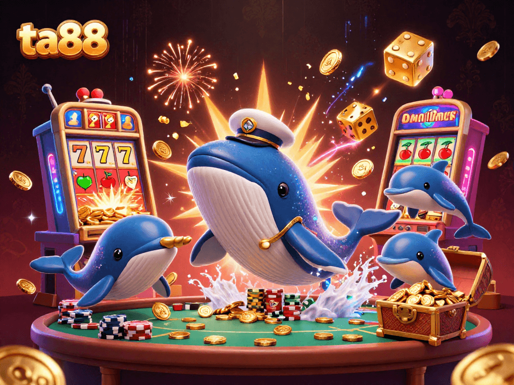Experience ta88 excitement with a 3D casino scene featuring a whimsical whale, gold coins, and vibrant gaming elements.
