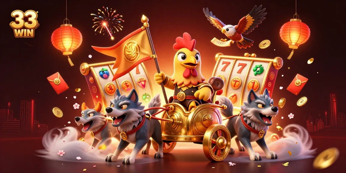 Engage with the thrilling world of 33 WIN as you spin colorful slot reels, surrounded by festive decorations.