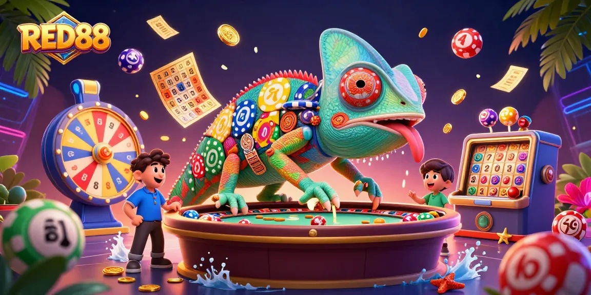 Experience the vibrant energy of RED88, where a colorful chameleon casino owner captures coins amidst a dynamic gaming world.