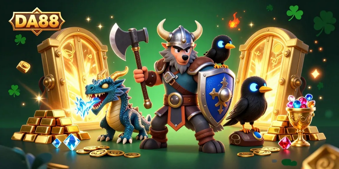 Experience thrilling DA88 gaming adventures with dynamic Viking warrior, fierce dragon, and treasure elements.