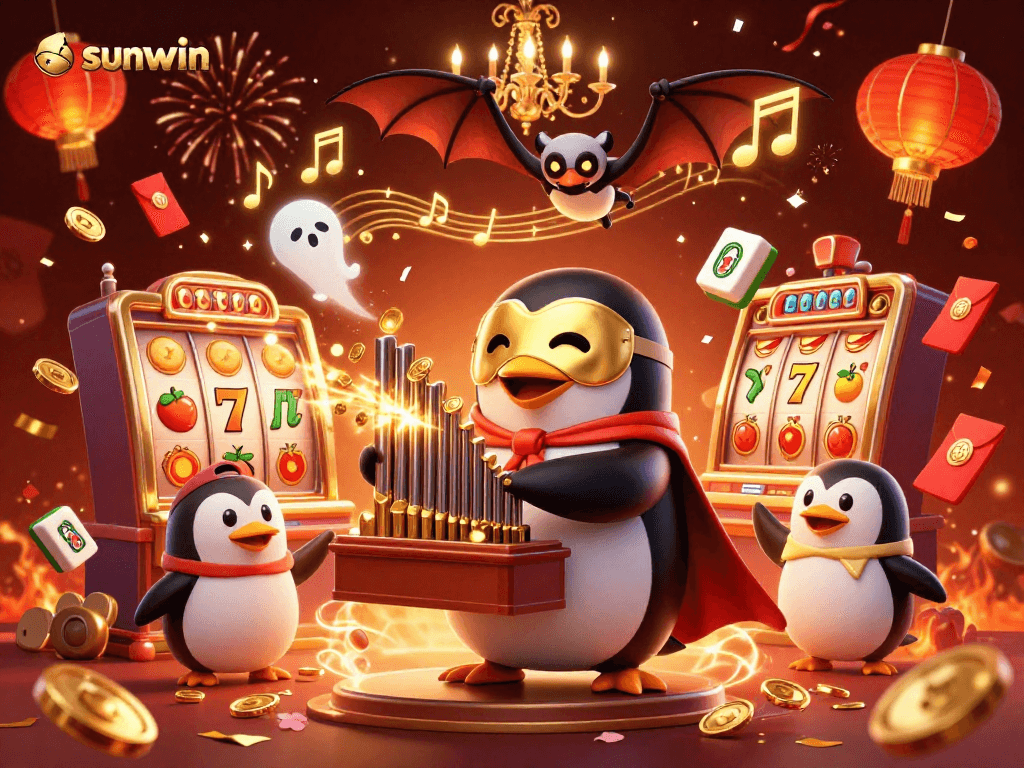Experience the excitement of sunwin with a dynamic casino illustration featuring a playful penguin and rich gaming elements.