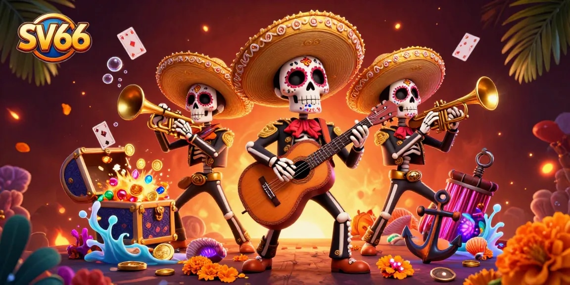 Engage with SV66's casino magic featuring vibrant skeleton mariachis amidst a treasure explosion.