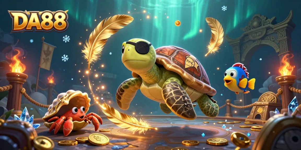 Experience thrilling DA88 casino adventures with pirate turtle characters above treasure!