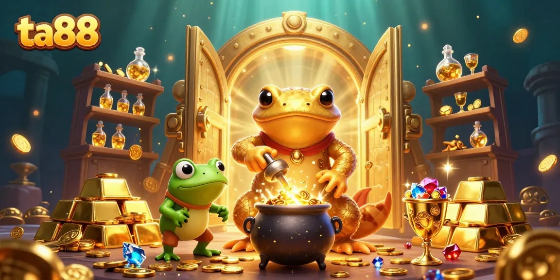 Experience ta88's vibrant alchemist scene full of gold coins and treasures in an enchanting casino.