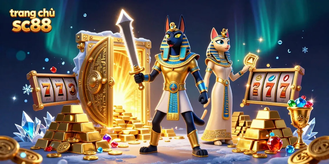 Experience the thrill of gaming at trang chủ sc88 with Anubis and Bastet surrounded by treasures.