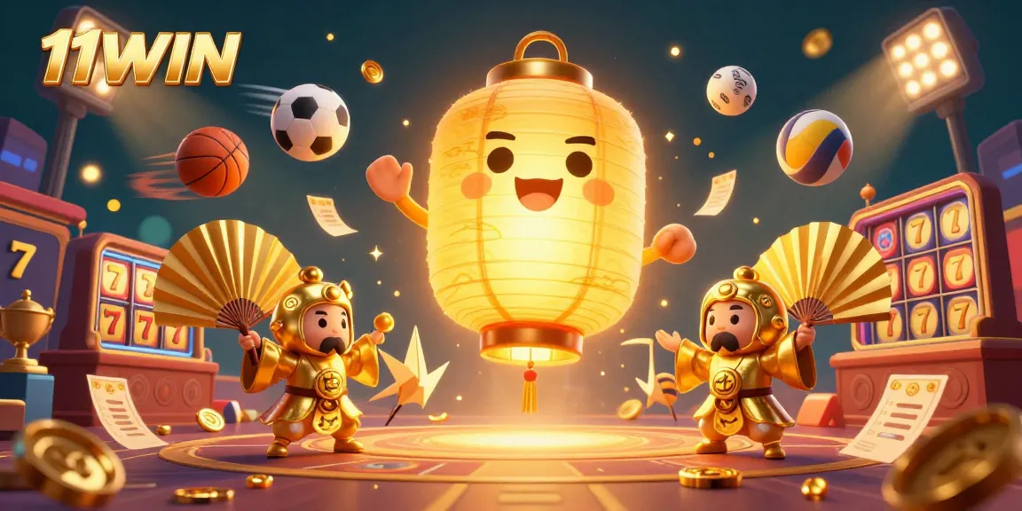 Engage with exciting gameplay at 11WIN, featuring glowing symbols and sports elements in a vibrant casino setting.