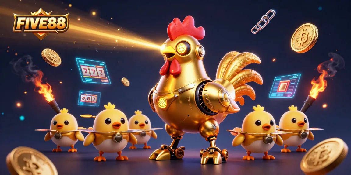 Engage with a dynamic FIVE88-inspired casino scene featuring a golden rooster robot and vibrant game elements.