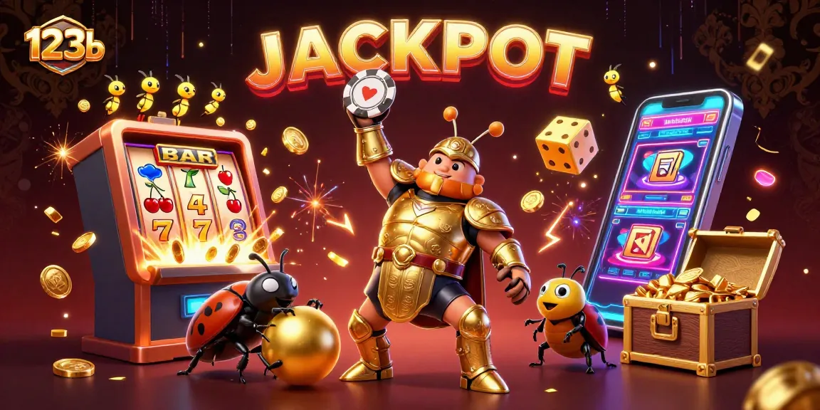 Spin and win at 123b with a triumphant hercules beetle lifting a poker chip amidst a lively casino scene!