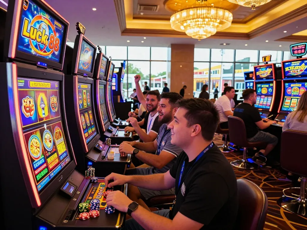 Exciting Lucky88 gaming scene in a lively casino with players celebrating big wins.