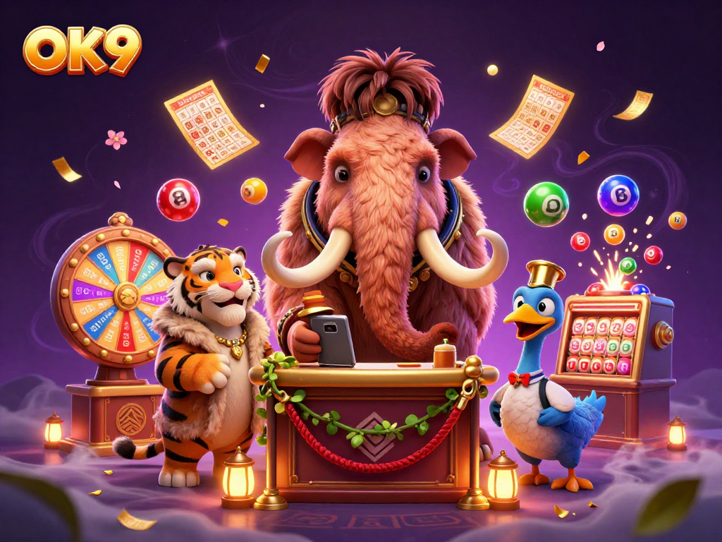 Engage in winning at OK9 with a vibrant 3D casino scene featuring a woolly mammoth bouncer and dynamic game elements.
