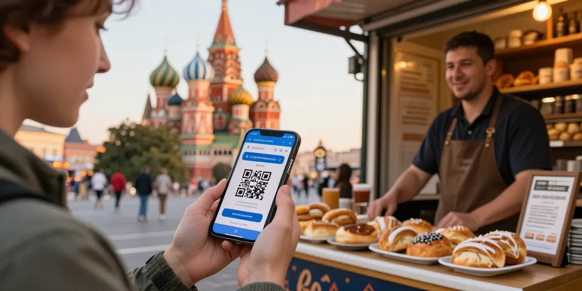 Een reiziger die met https://payinrussia.com/ mobiel betaalt in een lokaal café tijdens zijn verkenning van iconische bezienswaardigheden in Rusland.