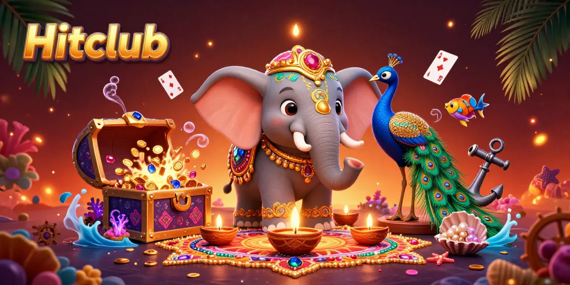 Experience excitement with Hitclub's vibrant 3D illustration showcasing games and treasures.
