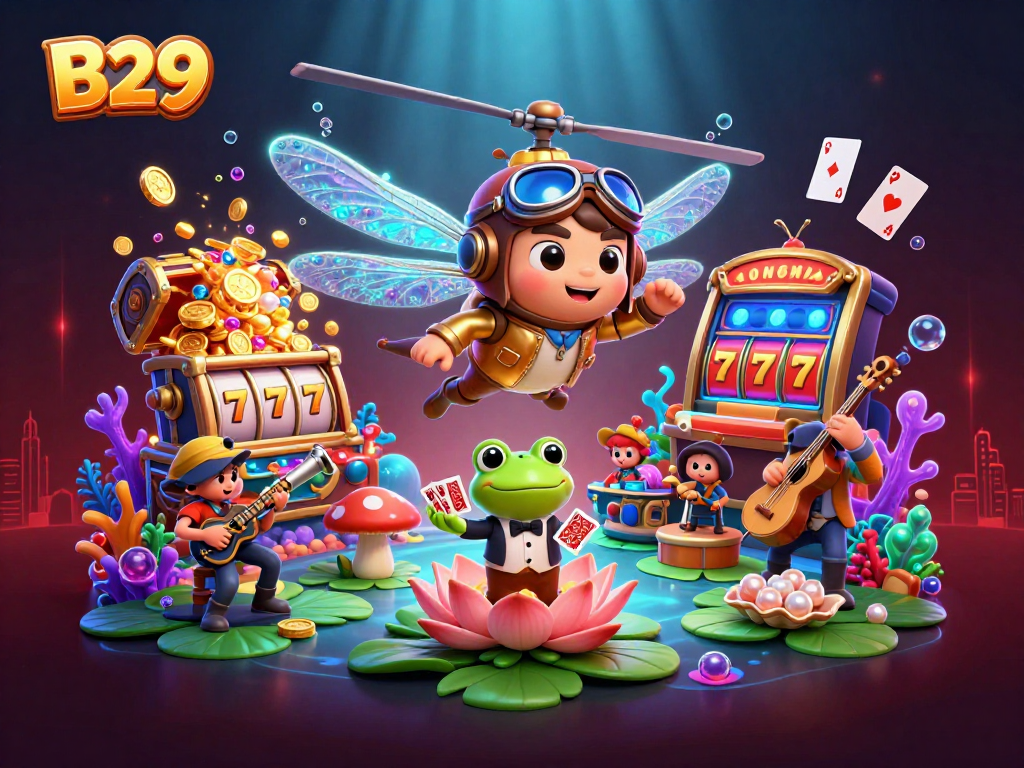 B29 casino game scene featuring a dragonfly pilot, frog dealer, and jazz musicians amidst vibrant game elements.