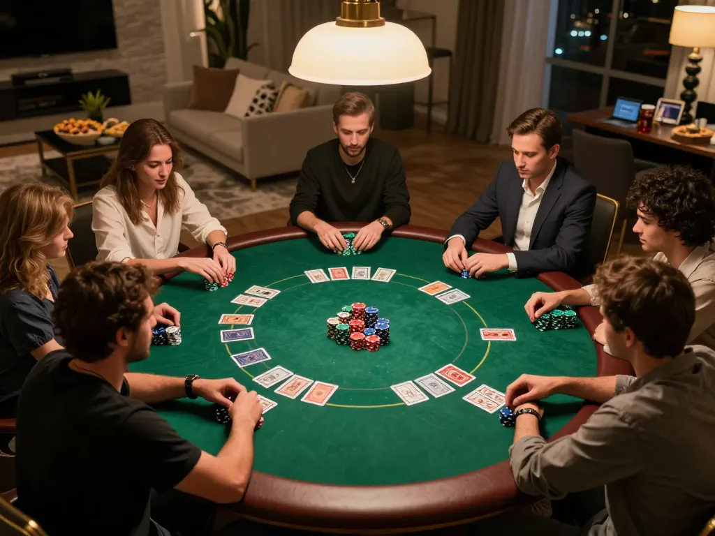 Engaged players at a high-stakes poker game, showcasing LINK DABET strategies in a cozy home setting.