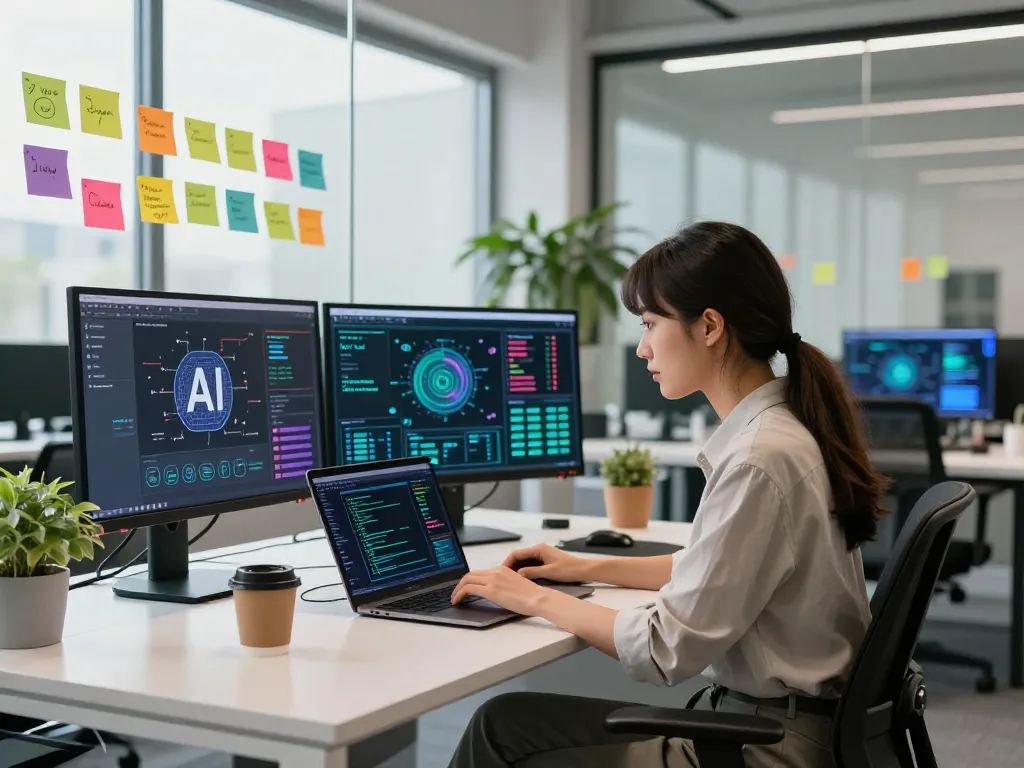 Innovative tech workspace showcasing developer focused on juicy ai algorithms with multiple screens and modern decor.