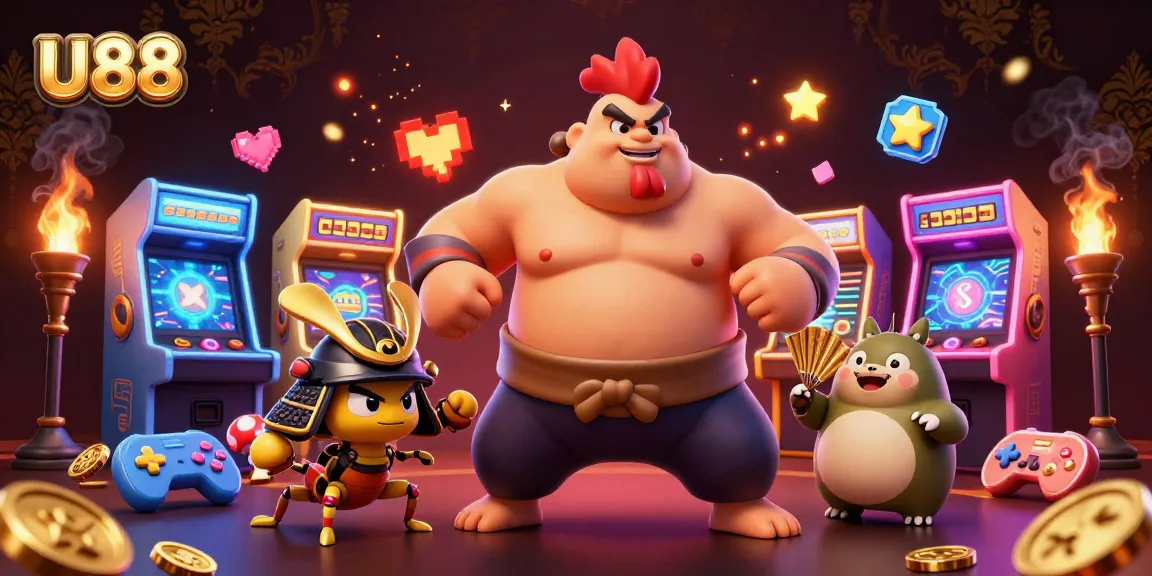 U88 showcases vibrant casino action with a sumo wrestler and samurai cricket in an engaging game scene.