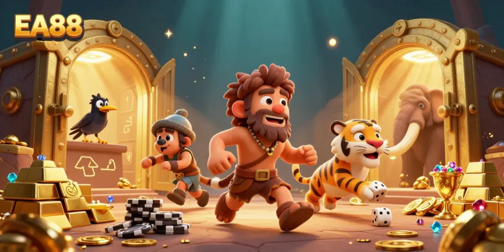 Experience the thrill of EA88 gaming in a dynamic prehistoric casino with vibrant characters and treasures.