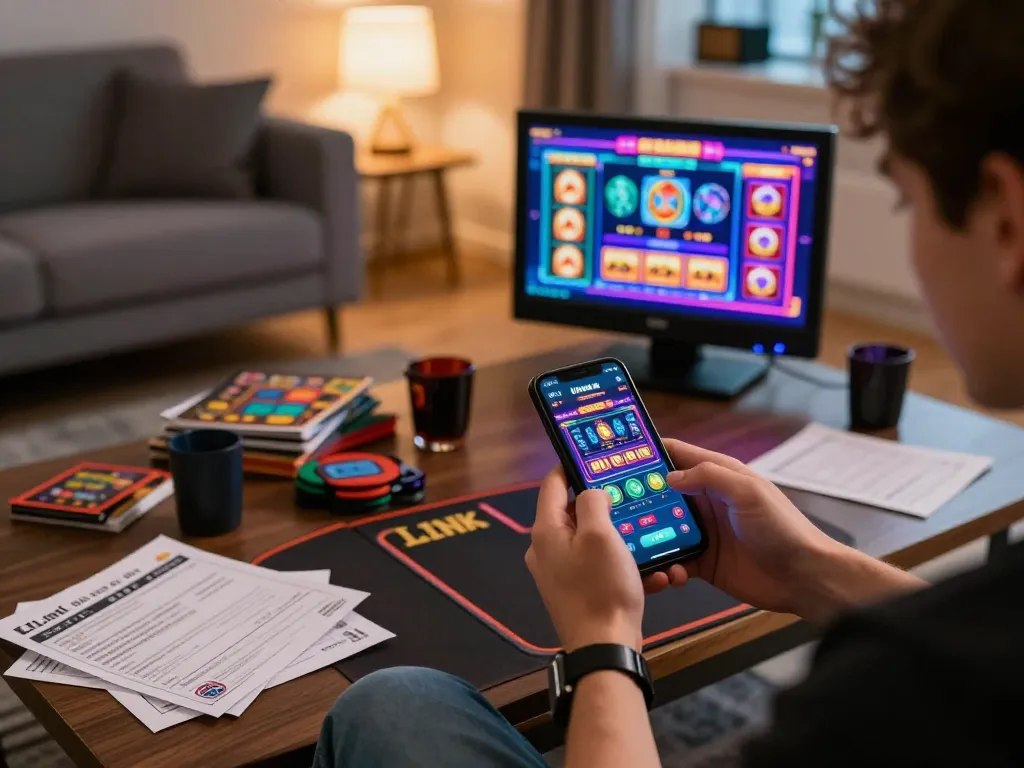 Engaging with LINK MAX88 casino app on smartphone, showcasing exciting mobile gaming setup.