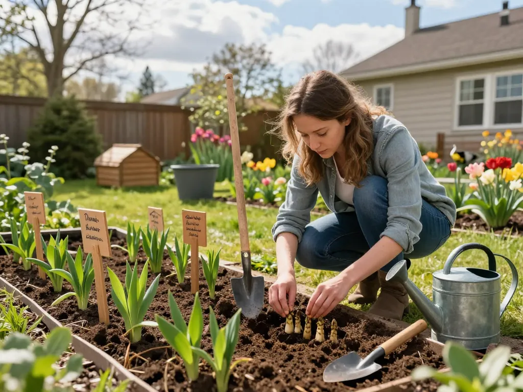 Gardener planting asperges planten in a vibrant spring garden.