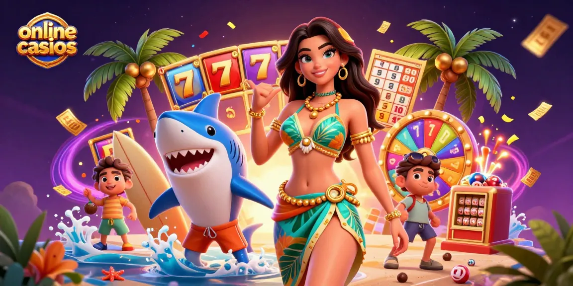 Experience exciting online casinos with vibrant slot machines, lively characters, and festive lottery elements.