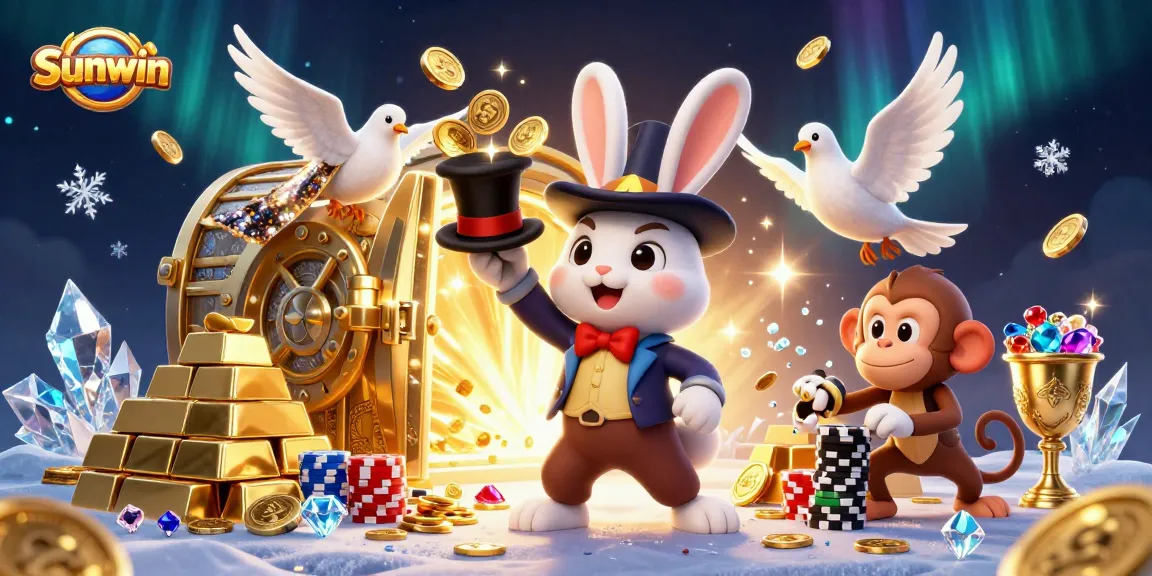 Win big with Sunwin's magical casino scene featuring fun characters and sparkling treasures.
