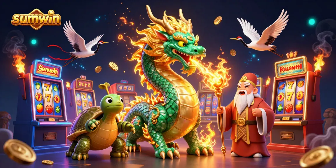 Experience winning with sumwin as the emerald dragon breathes fire in a vibrant casino.