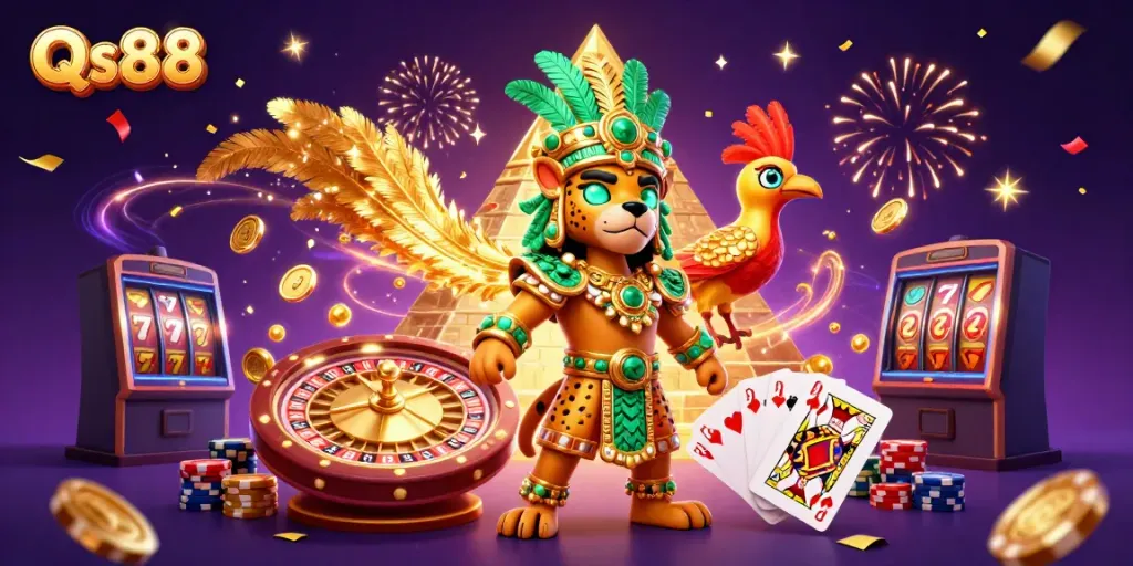Experience excitement with Qs88 in a vibrant 3D casino scene filled with golden coins and dynamic game elements.