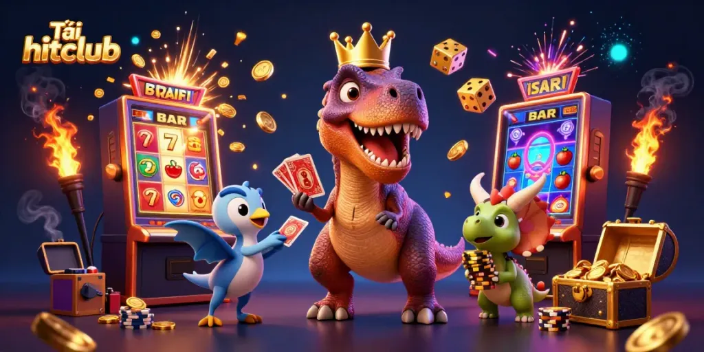 Tải hitclub with characters shuffling cards and stacking chips amidst dynamic casino game elements and vibrant visuals.