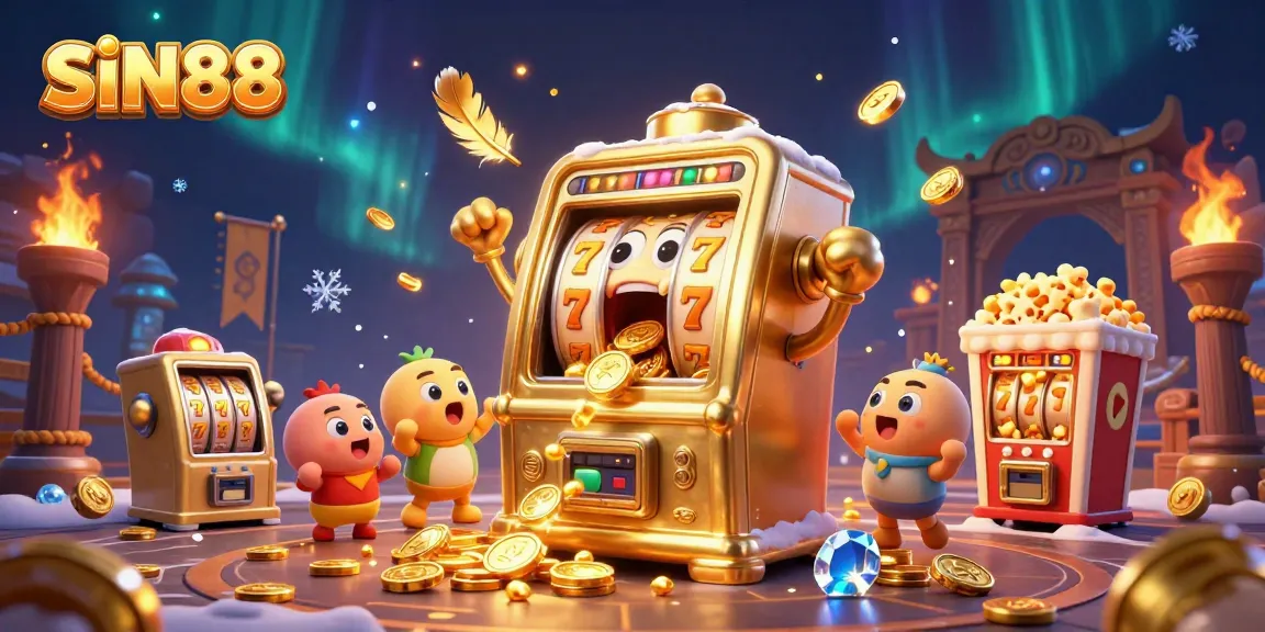 Experience excitement with SIN88 as the animated slot machine hits a jackpot, coins flying everywhere!