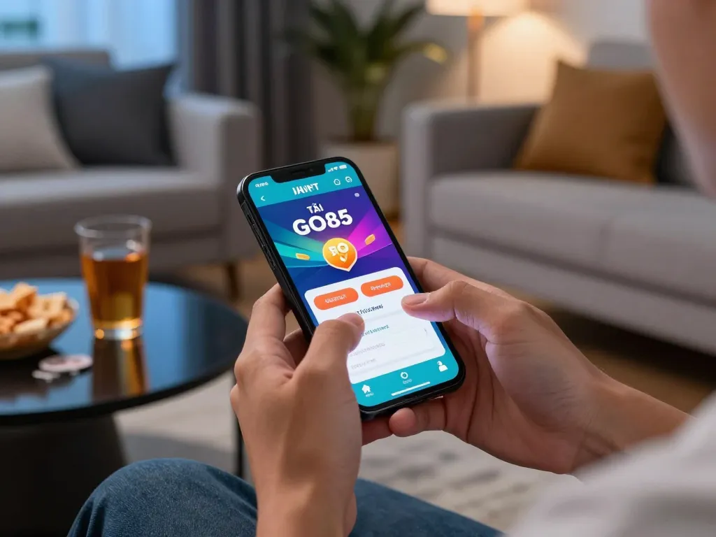 TẢI GO88 mobile app interface viewed by an excited player in a cozy modern living room
