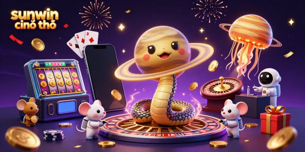 Experience sunwin chính chủ with a vibrant 3D illustration of a carnival-themed casino featuring adventurous characters and colorful game elements.