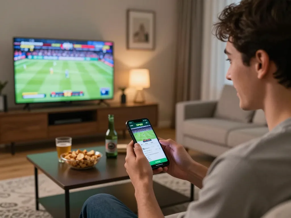 Placing bets on the TIP88 app during live sports events in a cozy home setting.