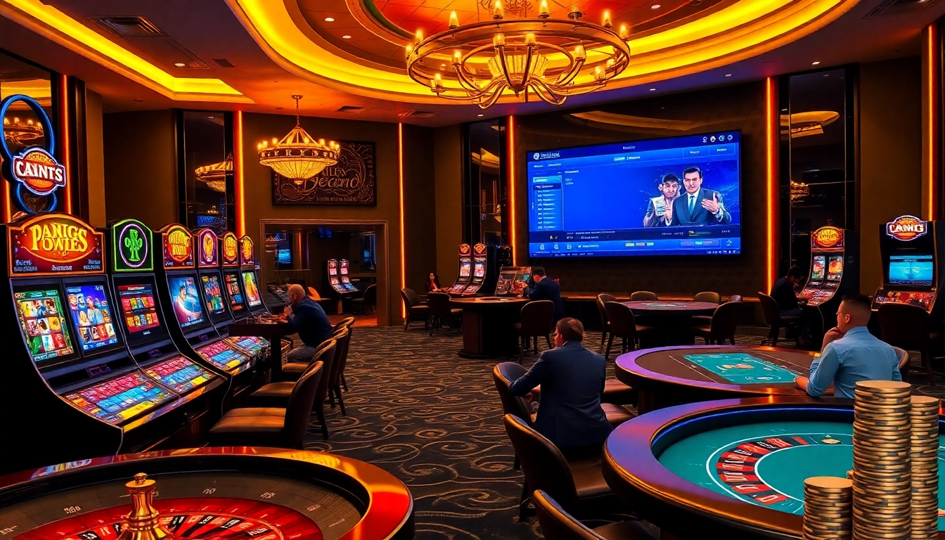 Players enjoy thrilling games at https://78win.dental/, surrounded by vibrant slot machines and poker tables.
