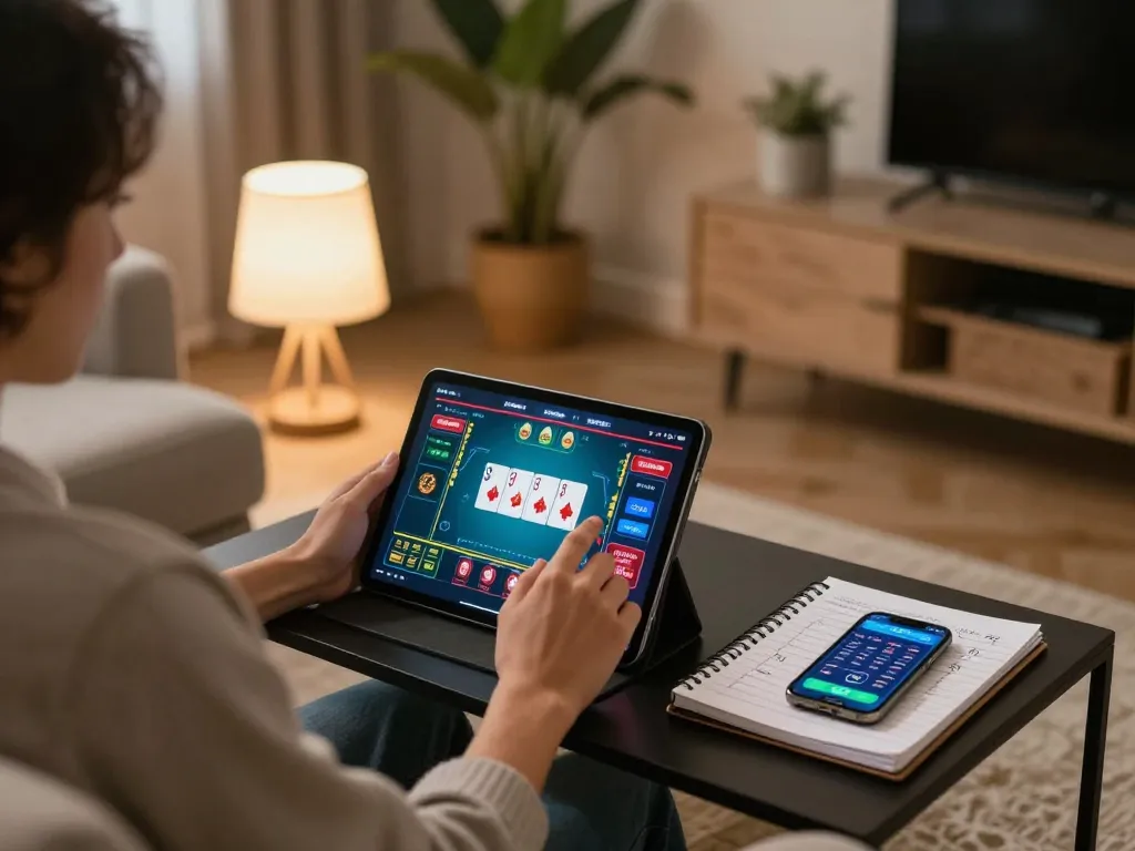 MAY88 user enjoying online poker on a tablet in a cozy home setting with strategy notes