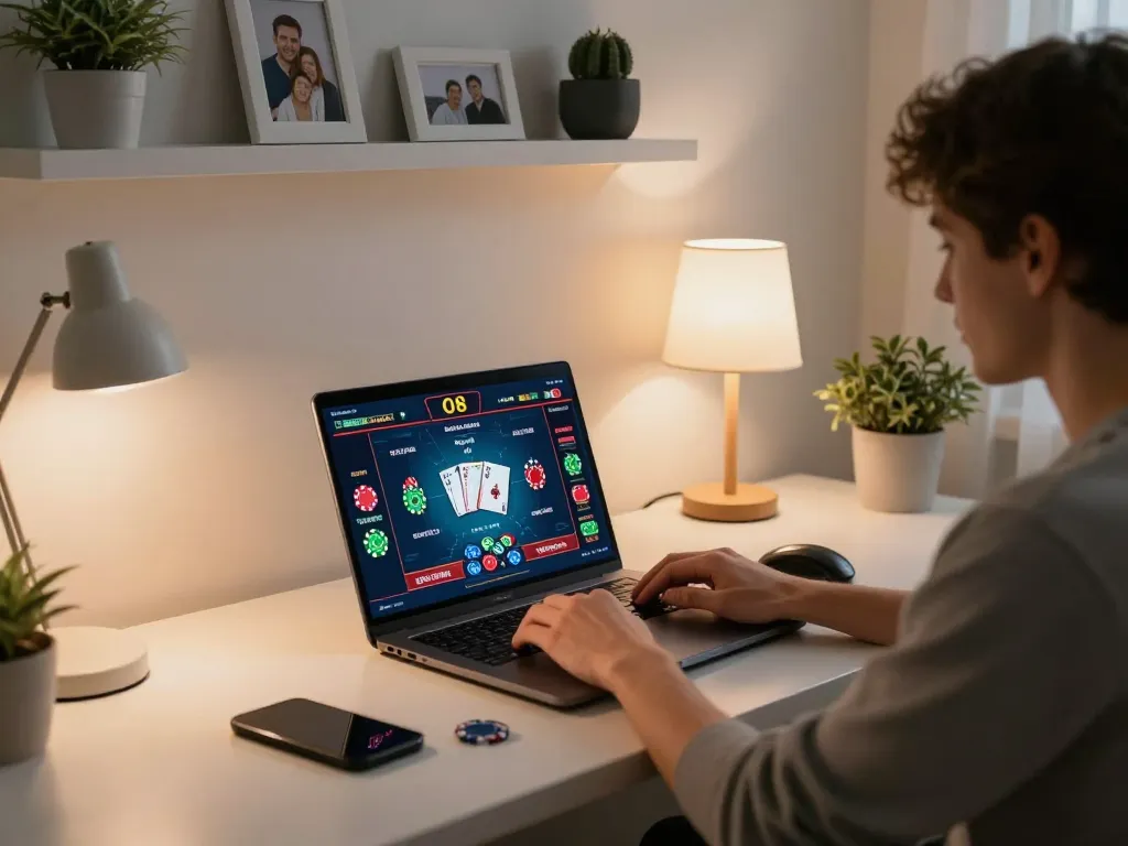 Online gambling with O8 on a laptop during a cozy home gaming session, showcasing engaging gameplay.